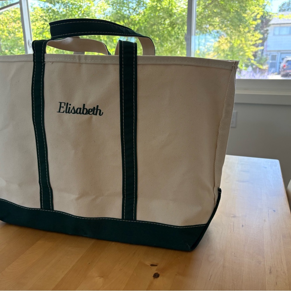 NWOT L.L. Bean Canvas Tote with Green Trim “Elisabeth” monogram on one side.